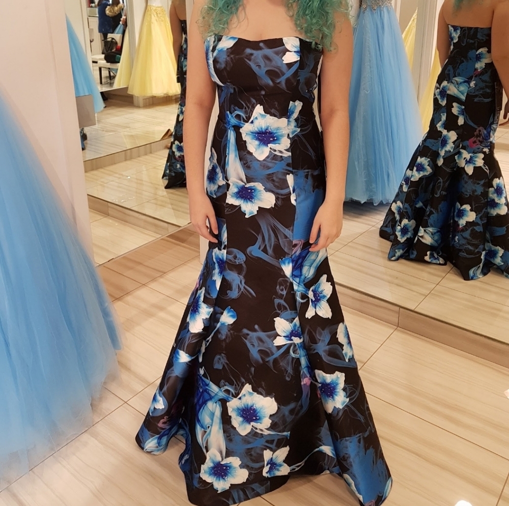 Elegant Blue & Black Floral Satin Strapless Gown— Rianna Couture NK102 Size 8